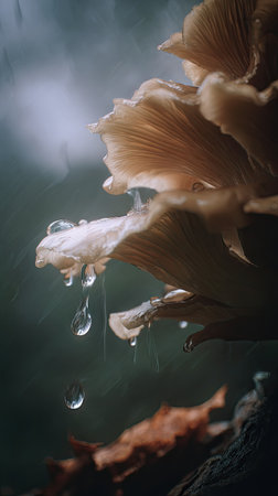 Soft rain falling gently on Oyster mushroom, with water droplets forming and slowly dripping. The background is softly blurred with natural, moody atmosphere.の写真素材