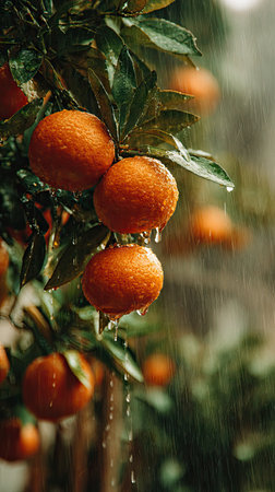 Soft rain falling gently on Mandarins, with water droplets forming and slowly dripping. The background is softly blurred with natural, moody atmosphere.の写真素材