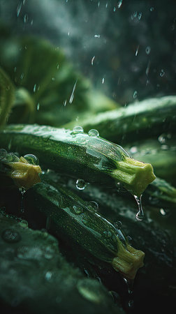 Soft rain falling gently on Zucchini, with water droplets forming and slowly dripping. The background is softly blurred with natural, moody atmosphere.の写真素材