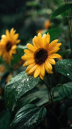 Sunflower in gentle light rain, soft raindrops visible on vivid green leaves, natural realistic style, bright fresh colors, balanced wide composition, cinematic framing, highly detailed.の写真素材
