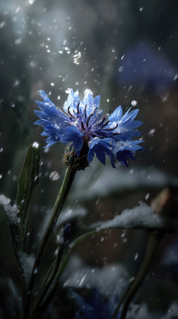 First snow falling gently on Cornflower, a few snowflakes drifting slowly and settling on the leaves; fresh air, natural.の写真素材