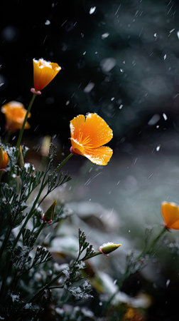 First snow falling gently on Eschscholzia, a few snowflakes drifting slowly and settling on the leaves; fresh air, natural.の写真素材