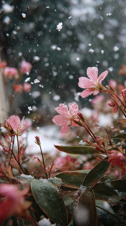 First snow falling gently on Godetia, a few snowflakes drifting slowly and settling on the leaves; fresh air, natural.の写真素材