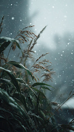First snow falling gently on Millet, a few snowflakes drifting slowly and settling on the leaves; fresh air, natural.の写真素材