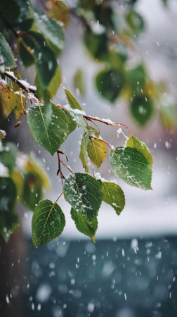 First snow falling gently, a few snowflakes drifting slowly and settling on the leaves; fresh air, natural.の写真素材