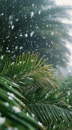 First snow falling gently on Oil palm, a few snowflakes drifting slowly and settling on the leaves; fresh air, natural.の写真素材