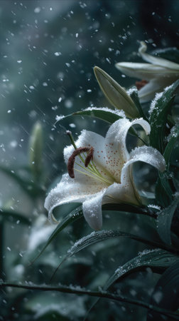 First snow falling gently on Lily, a few snowflakes drifting slowly and settling on the leaves; fresh air, natural.の写真素材