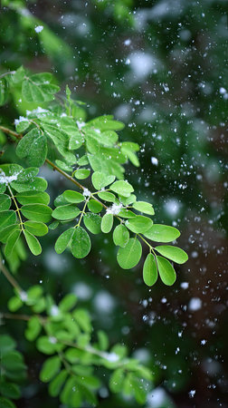 First snow falling gently on Moringa, a few snowflakes drifting slowly and settling on the leaves; fresh air, natural.の写真素材