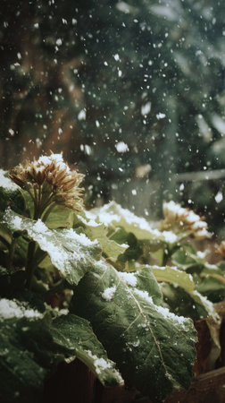 First snow falling gently on Jerusalem artichoke, a few snowflakes drifting slowly and settling on the leaves; fresh air, natural.の写真素材