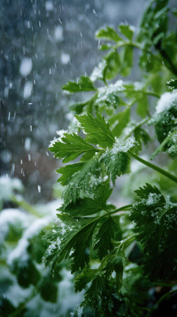 First snow falling gently on Parsnip, a few snowflakes drifting slowly and settling on the leaves; fresh air, natural.の写真素材