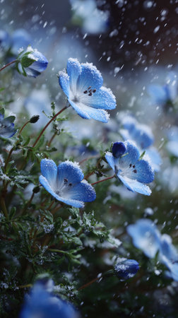 First snow falling gently on Nemophila, a few snowflakes drifting slowly and settling on the leaves; fresh air, natural.の写真素材