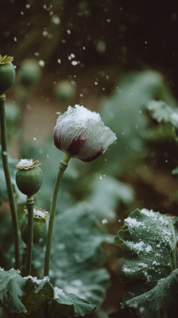 First snow falling gently on a poppy, a few snowflakes drifting slowly and settling on the leaves; fresh air, natural.の写真素材