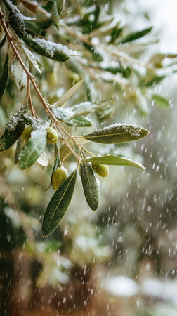 First snow falling gently on Olive tree, a few snowflakes drifting slowly and settling on the leaves; fresh air, natural.の写真素材