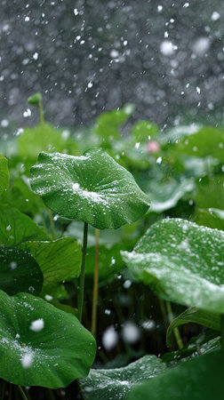 First snow falling gently on Lotus root, a few snowflakes drifting slowly and settling on the leaves; fresh air, natural.の写真素材