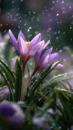 First snow falling gently on Saffron crocus, a few snowflakes drifting slowly and settling on the leaves; fresh air, natural.の写真素材
