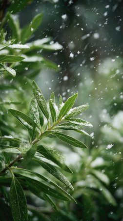First snow falling gently on Tarragon, a few snowflakes drifting slowly and settling on the leaves; fresh air, natural.の写真素材