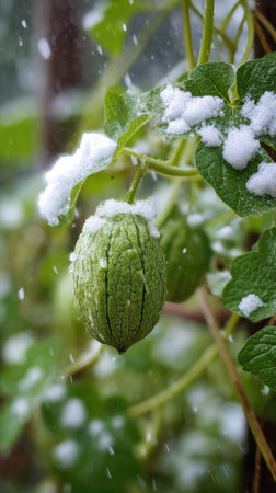 First snow falling gently on Ridge gourd, a few snowflakes drifting slowly and settling on the leaves; fresh air, natural.の写真素材