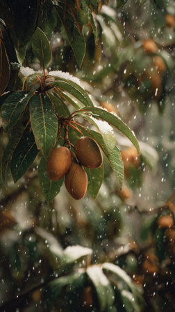 First snow falling gently on Sapodilla, a few snowflakes drifting slowly and settling on the leaves; fresh air, natural.の写真素材
