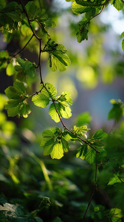In spring, fresh green leaves, soft sunlight filtering, vibrant atmosphere full of vitality, natural textures, serene mood P.の写真素材