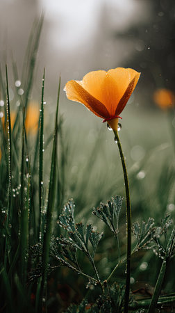 The Eschscholzia in light fog, dew on leaves, light soft diffused, threequarter view.の写真素材