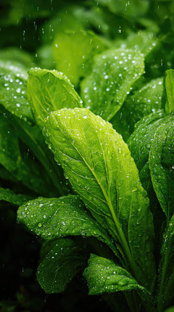 Celtuce in gentle light rain, soft raindrops visible on vivid green leaves, natural realistic style, bright fresh colors, balanced wide composition, cinematic framing, highly detailed.の写真素材