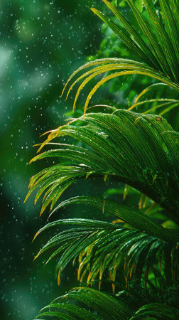 Areca palm in gentle light rain, soft raindrops visible on vivid green leaves, natural realistic style, bright fresh colors, balanced wide composition, cinematic framing, highly detailed.の写真素材