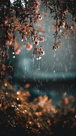 Soft rain falling gently on leaf, with water droplets forming and slowly dripping. The background is softly blurred with natural, moody atmosphere.の写真素材