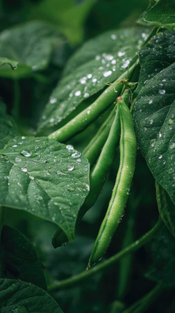Runner bean in gentle light rain, soft raindrops visible on vivid green leaves, natural realistic style, bright fresh colors, balanced wide composition, cinematic framing, highly detailed.の写真素材
