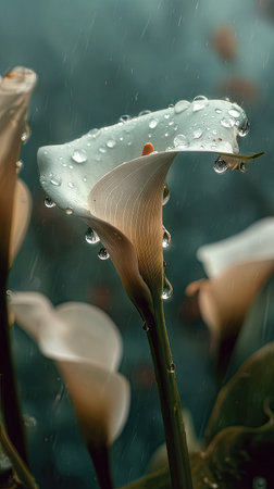Soft rain falling gently on Calla lily, with water droplets forming and slowly dripping. The background is softly blurred with natural, moody atmosphere.の写真素材