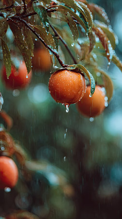 Soft rain falling gently on Persimmon, with water droplets forming and slowly dripping. The background is softly blurred with natural, moody atmosphere.の写真素材