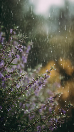 Soft rain falling gently on Hyssop, with water droplets forming and slowly dripping. The background is softly blurred with natural, moody atmosphere.の写真素材