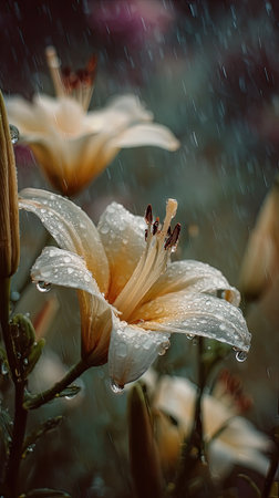 Soft rain falling gently on Lily, with water droplets forming and slowly dripping. The background is softly blurred with natural, moody atmosphere.の写真素材