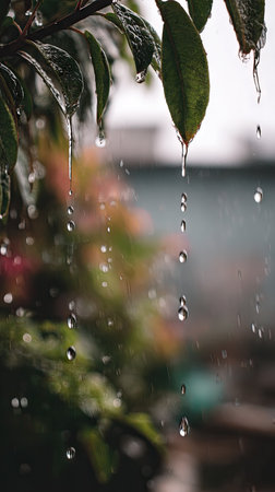 Soft rain falling gently on Katuk, with water droplets forming and slowly dripping. The background is softly blurred with natural, moody atmosphere.の写真素材