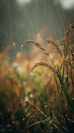 Soft rain falling gently on Finger millet, with water droplets forming and slowly dripping. The background is softly blurred with natural, moody atmosphere.の写真素材