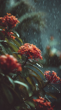 Soft rain falling gently on Ixora, with water droplets forming and slowly dripping. The background is softly blurred with natural, moody atmosphere.の写真素材