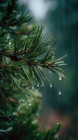 Soft rain falling gently on Stone pine, with water droplets forming and slowly dripping. The background is softly blurred with natural, moody atmosphere.の写真素材