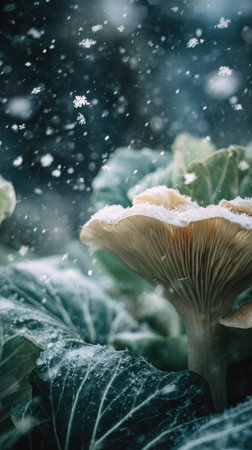 First snow falling gently on Enoki mushroom, a few snowflakes drifting slowly and settling on the leaves; fresh air, natural.の写真素材
