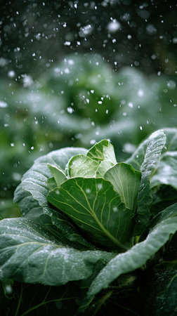 First snow falling gently on Green cabbage, a few snowflakes drifting slowly and settling on the leaves; fresh air, natural.の写真素材