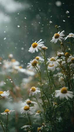 First snow falling gently on German chamomile, a few snowflakes drifting slowly and settling on the leaves; fresh air, natural.の写真素材