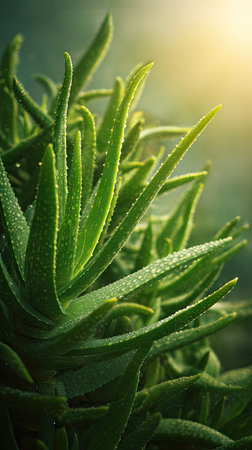 The Aloe vera in spring, fresh green leaves, soft sunlight filtering, vibrant atmosphere full of vitality, natural textures, serene mood P.の写真素材