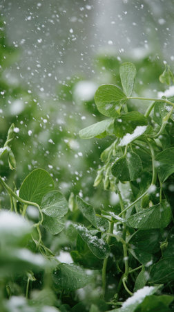 First snow falling gently on Snow pea shoots, a few snowflakes drifting slowly and settling on the leaves; fresh air, natural.の写真素材