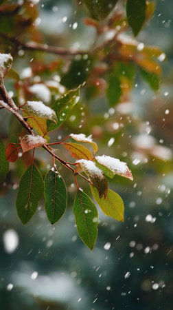 First snow falling gently on Swietenia mahogany, a few snowflakes drifting slowly and settling on the leaves; fresh air, natural.の写真素材