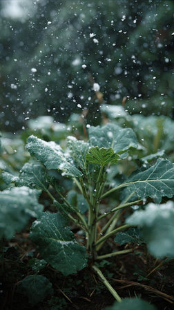 First snow falling gently on Daikon, a few snowflakes drifting slowly and settling on the leaves; fresh air, natural.の写真素材