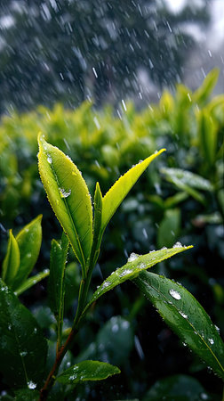First snow falling gently on Green tea, a few snowflakes drifting slowly and settling on the leaves; fresh air, natural.の写真素材