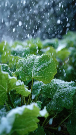 First snow falling gently on Leaf mustard, a few snowflakes drifting slowly and settling on the leaves; fresh air, natural.の写真素材