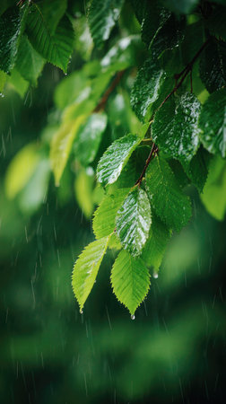 Elm in gentle light rain, soft raindrops visible on vivid green leaves, natural realistic style, bright fresh colors, balanced wide composition, cinematic framing, highly detailed.の写真素材
