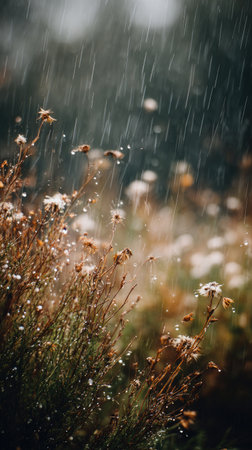 Soft rain falling gently, with water droplets forming and slowly dripping. The background is softly blurred with natural, moody atmosphere.の写真素材