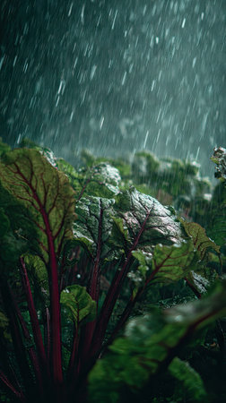 Beetroot in a storm, heavy rain pouring down, strong winds twisting their leaves, natural.の写真素材
