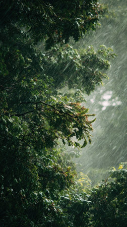 Heavy rain pouring down, strong winds twisting their leaves, natural.の写真素材