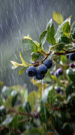 Blueberry in a storm, heavy rain pouring down, strong winds twisting their leaves, natural.の写真素材